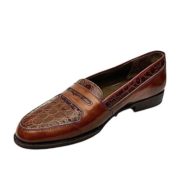 Mario Bruni Mens Loafer Slip On Cognac Leather-Crocodile Size 8 M Pre-Owned - Picture 2 of 10